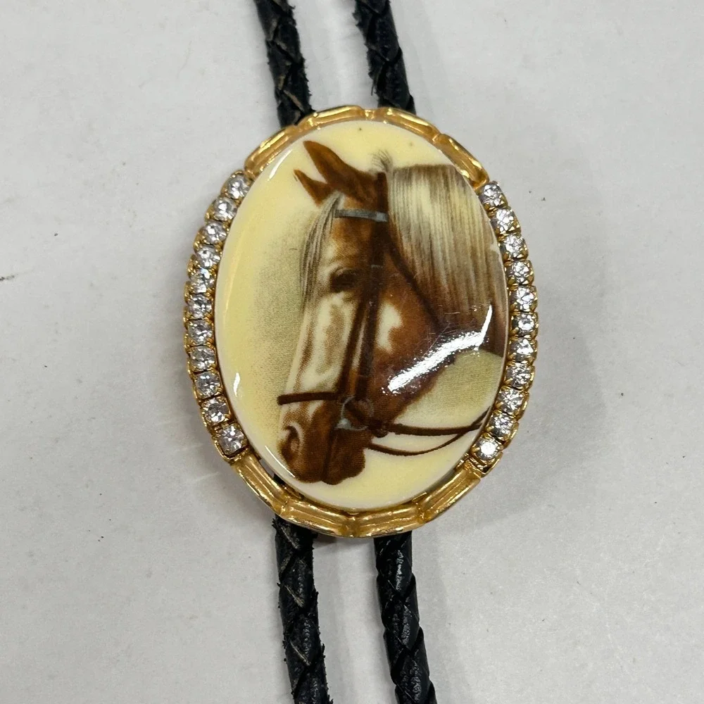 Western Horse Portrait Bolo Tie Rhinestone Gold Black Cowboy Americana Kitsch